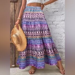 **COMING APRIL 6TH* Tiered Maxi Skirt in Purple Printed Pattern Elastic Waist